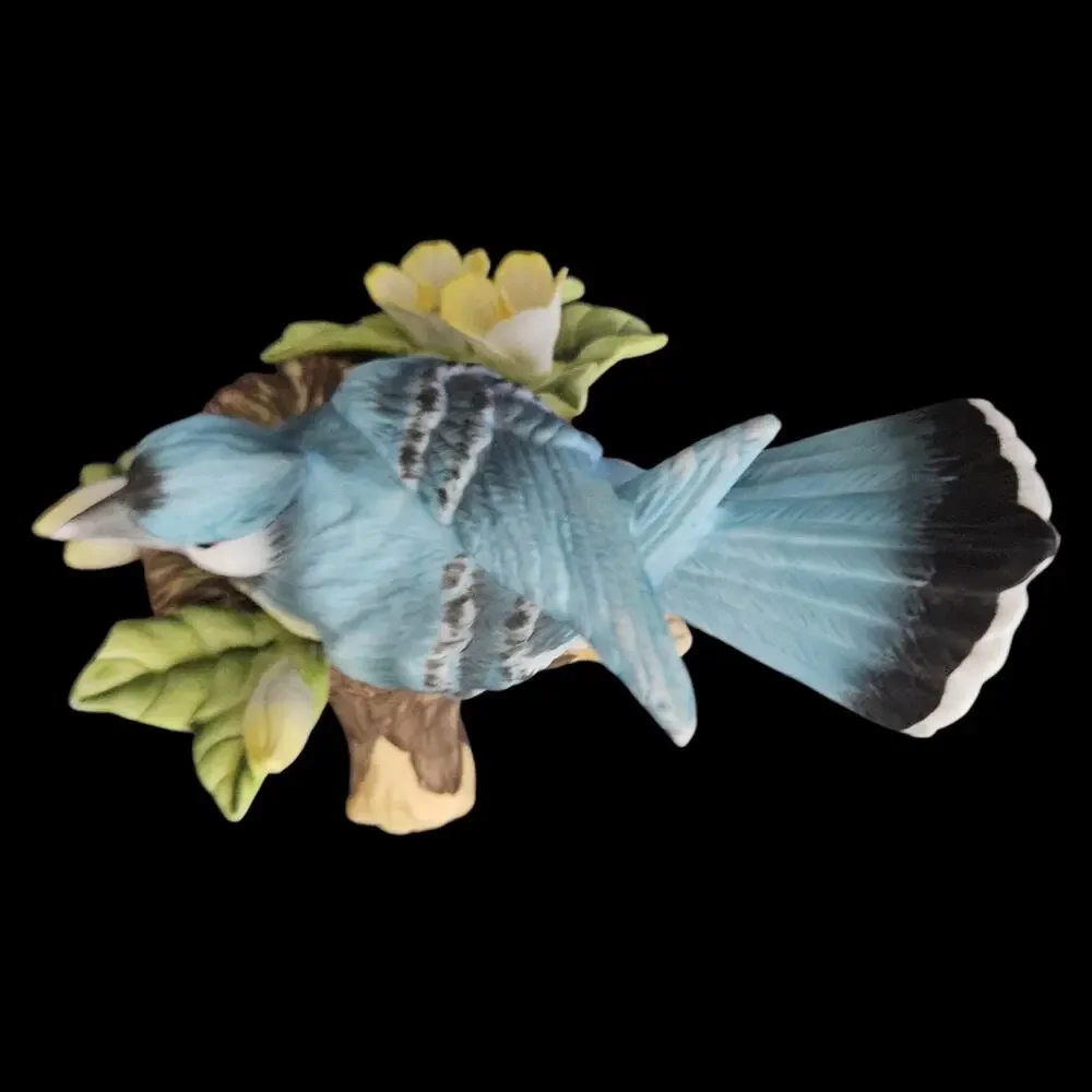 Vintage Blue Jay Bird Nest Eggs Flowers Porcelain Figurine Tree Branch Decor